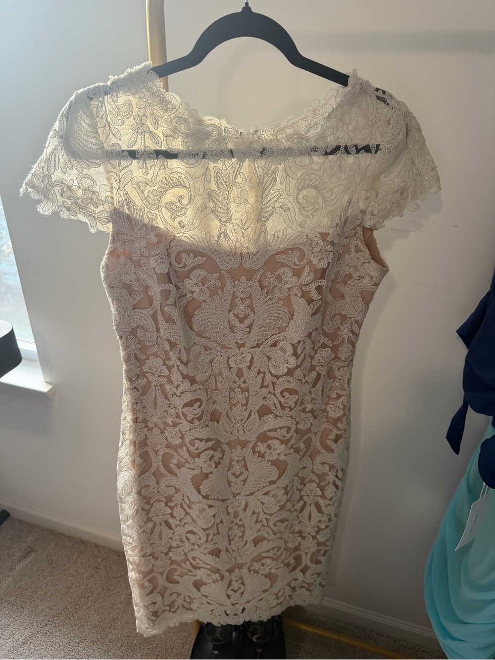 Tadashi Shoji Ivory Lace Overlay Midi Dress with Blush Lining